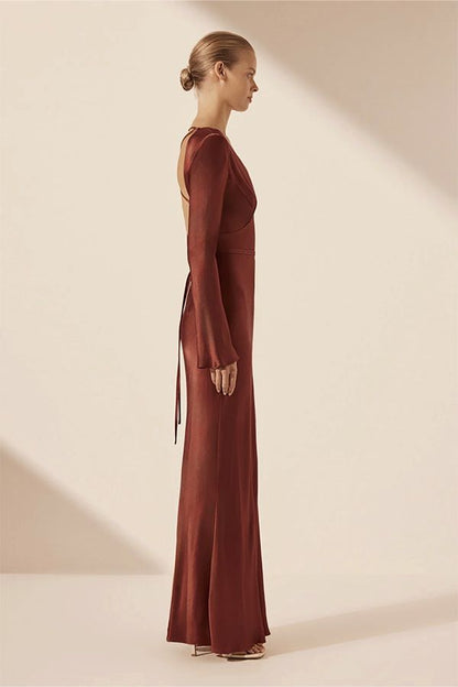 Vestido Largo Espalda Descubierta Caoba