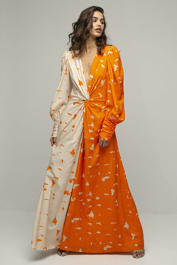 ARaise vestido largo dos colores naranja estampado manga larga 1