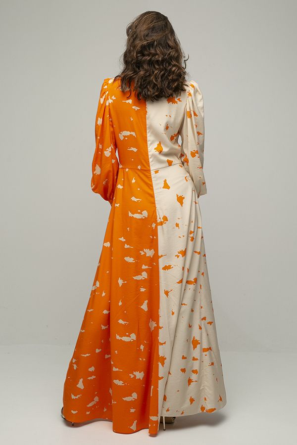 ARaise vestido largo dos colores naranja estampado manga larga 3