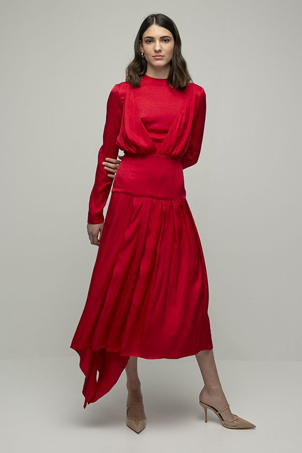 Materiel rojo con falda plisada manga larga midi 1