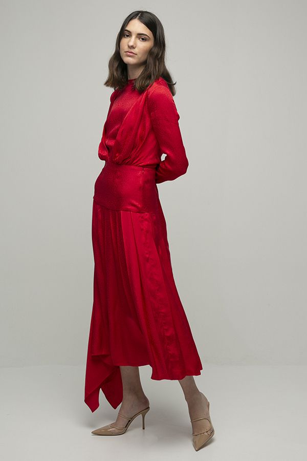 Materiel rojo con falda plisada manga larga midi 2