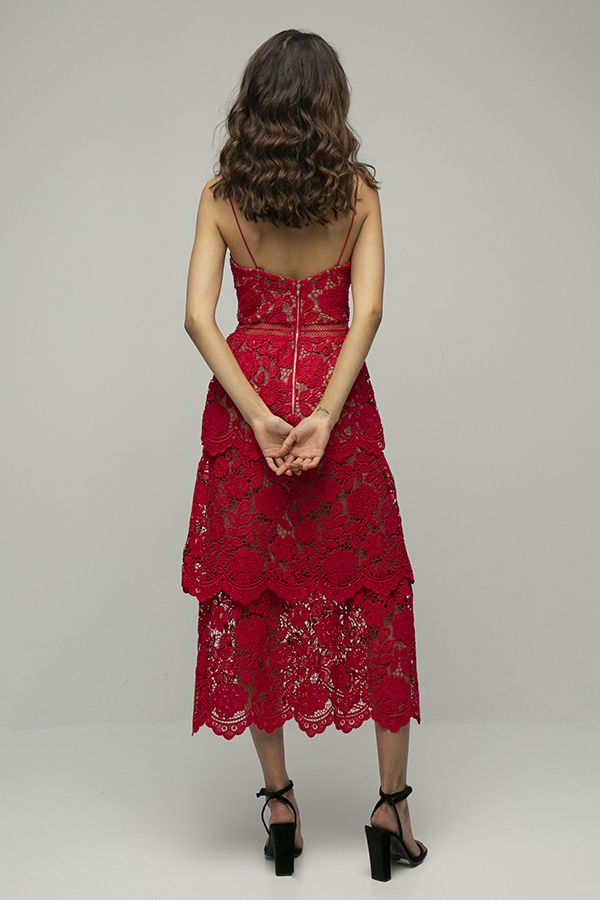 Self portrait vestido encaje rojo midi floral tirantes midi 3
