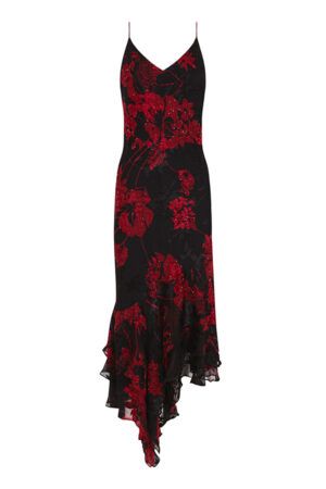 vestido-midi-de-tirantes-estampado-negro-y-rojo