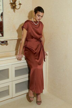 Vestido Midi Drapeado Cobre