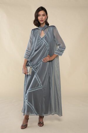 Vestido Mara Largo Azul Plomo con Chaleco